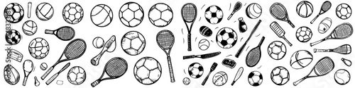 Collection of hand-drawn sports equipment including soccer balls, tennis rackets, and cricket bats displayed together