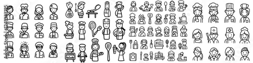 Various chef and kitchen worker illustrations representing different culinary professionals and activities in a creative style