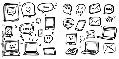 Digital communication tools and symbols illustrate modern connectivity concepts in a creative line art design
