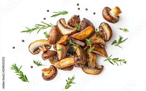 A rustic roasted mushroom medley with fresh herbs and olive oil suspended mid-air clean white background photo