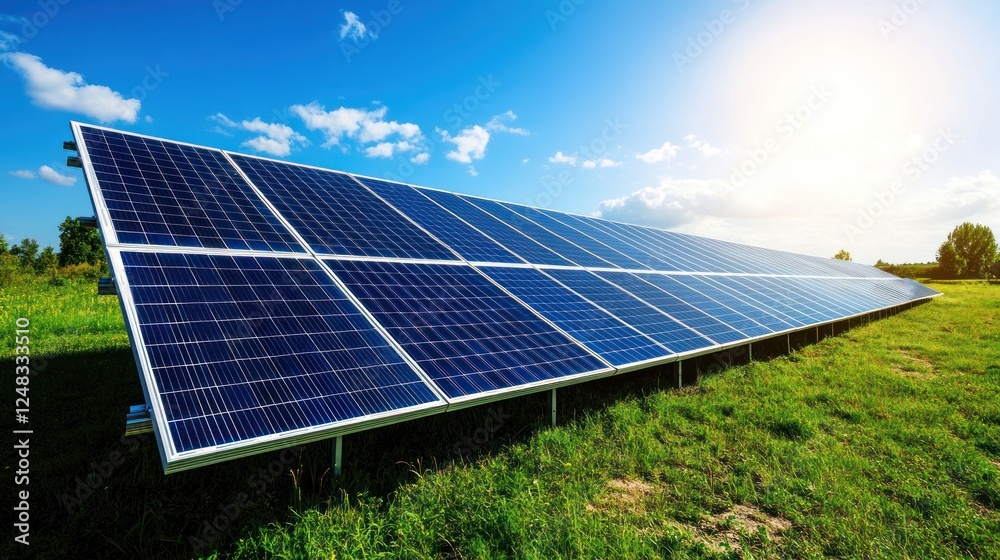 Solar Panels Array In Sunny Meadow Landscape Solar Panels Array In Sunny Meadow Landscape