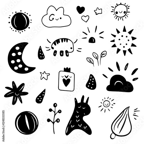 Creative black and white doodles featuring whimsical shapes and nature-inspired designs