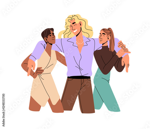 Famous guy with long hair hugs with girls. Happy man is popular with women, cuddles with his lovers. Polyamorous couple spends time together. Flat isolated vector illustration on white background