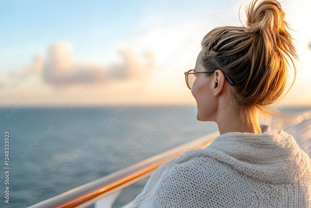 Blonde woman smiling on a sunny beach bridge, looking at the blue sea with wind in her hair, enjoying a beautiful summer day outdoors Blonde woman smiling on a sunny beach bridge, looking at the blue sea with wind in her hair, enjoying a beautiful summer day outdoors