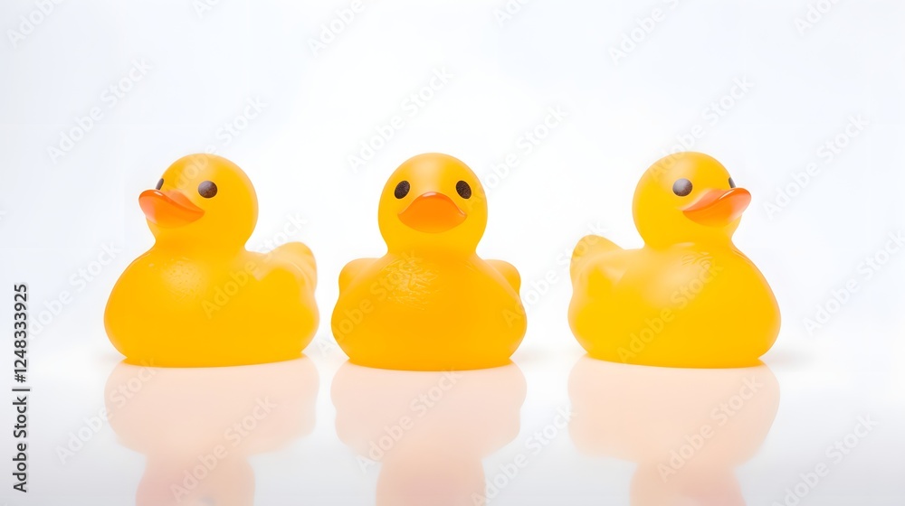 Three colorful rubber ducks arranged in a neat row on a bright white surface creating a simple and minimalist product photography scene Three colorful rubber ducks arranged in a neat row on a bright white surface creating a simple and minimalist product photography scene