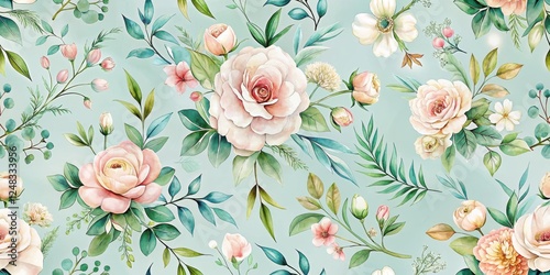 Elegant Watercolor Floral Pattern Featuring Delicate Roses and Lush Greenery on a Soft Teal Background