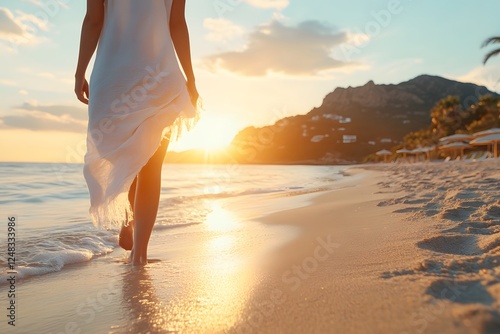 A woman in a flowing dress walks barefoot along the sandy beach at sunset
