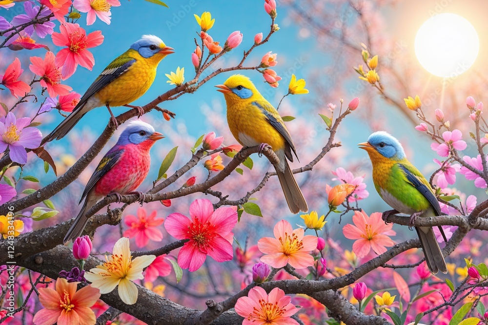 Cheerful Birds Singing in Vibrant Tree Branches with Lush Spring Flowers Under Bright Sunshine Cheerful Birds Singing in Vibrant Tree Branches with Lush Spring Flowers Under Bright Sunshine