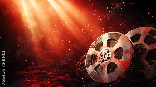 Cinematic film reels, spotlight, dark background; movie production, nostalgia, memory