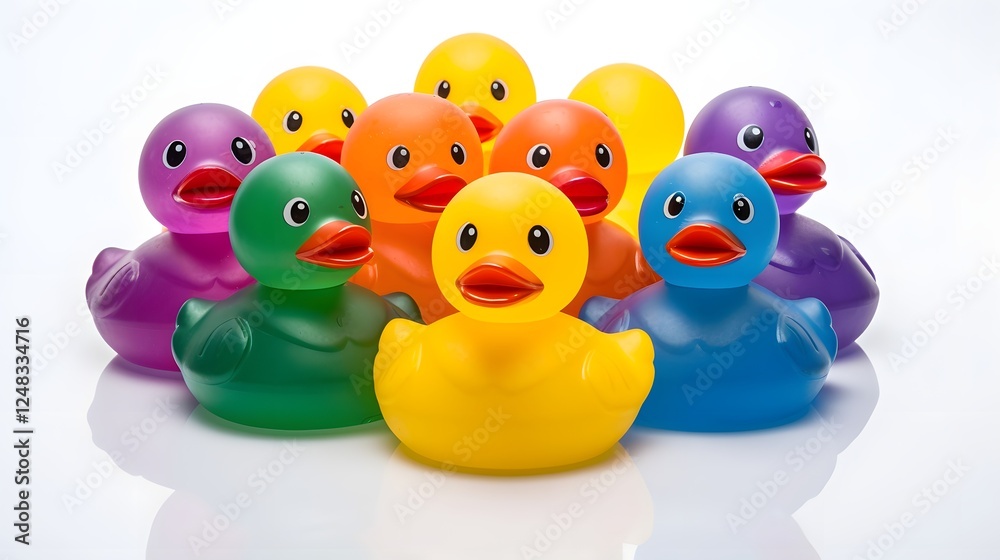 Vibrant group of colorful rubber ducky toys arranged in a semi circle formation on a plain white background These playful floating ducks in various bright shades create a whimsical minimalist Vibrant group of colorful rubber ducky toys arranged in a semi circle formation on a plain white background These playful floating ducks in various bright shades create a whimsical minimalist