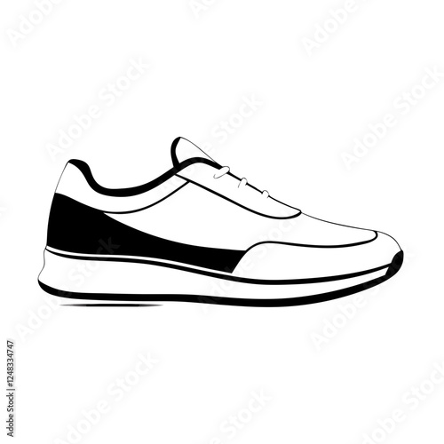 Stylish athletic shoe, trainers in black line drawing on transparent background