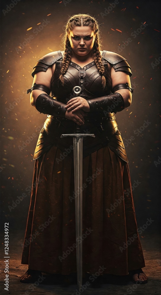 Naklejka premium Powerful female warrior in armor stands confidently with a sword, illuminated by dramatic lighting