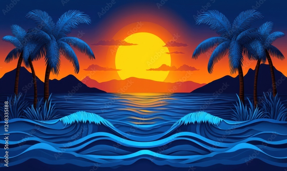 Tropical sunset ocean scene with palm trees, ideal for travel brochures or websites Tropical sunset ocean scene with palm trees, ideal for travel brochures or websites