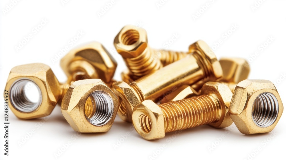 Close-up of Gold-Colored Nuts and Bolts on a White Background Close-up of Gold-Colored Nuts and Bolts on a White Background