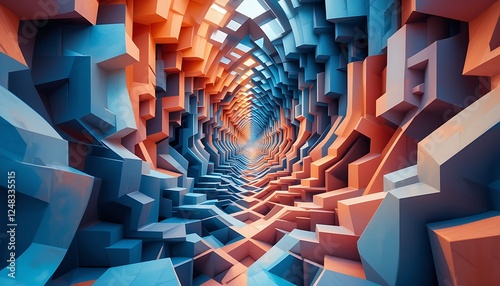 Geometric Tunnel Illusion - 3D Abstract Depth Pattern with Vivid Orange and Blue Blocks Creating a Sci-Fi Perspective for Futuristic and Surreal Backgrounds