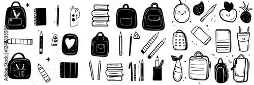 Collection of school supplies and stationery illustrated in a playful black and white design for educational purposes