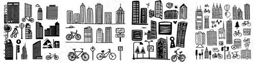 Urban skyline and cycling elements in monochrome design showcasing city life and transportation in modern architecture