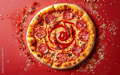 A fiery spicy diavola pizza with flying chili flakes, spicy salami slices, and a swirl of tomato sauce, pastel red background photo