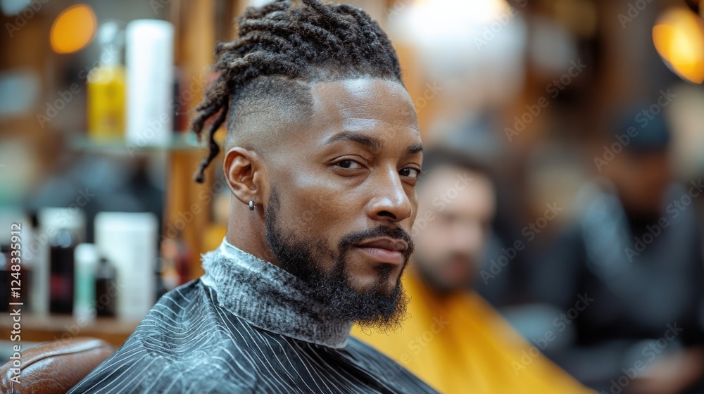 Fototapeta premium Stylish Man With Beard and Haircut in Barber Shop During Afternoon Session Generative AI