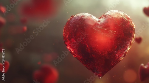 A textured red heart floats mid-air.