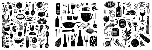 Diverse culinary elements depicted in a black and white illustration showcasing various foods and kitchen items