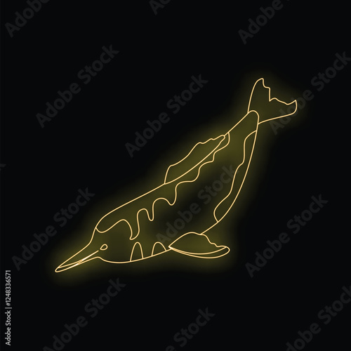 Neon yellow icon of a chinese sturgeon fish swimming upwards