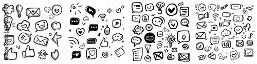 Doodles of communication symbols illustrating the diversity of modern online interactions and social media engagement
