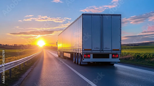 Truck with trailer driving on highway symbolizes fast and high-quality cargo delivery