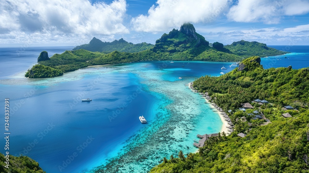 Tropical Island Paradise Scenic Overwater Bungalows And Boats Tropical Island Paradise Scenic Overwater Bungalows And Boats