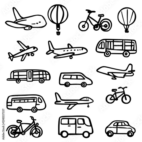 Various modes of transportation including airplanes, bicycles, and hot air balloons in a simple sketch style