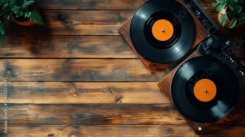 Double turntable on wooden table with plants, top view.  Perfect for music, vintage, or home decor websites