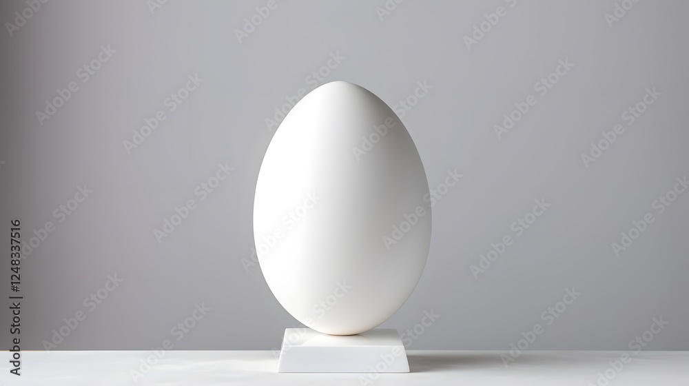 Freshly Laid White Egg Standing Upright on a Clean Minimalist White Surface  Healthy Natural Food Ingredient with Crisp Elegant Backdrop for Recipes Cooking or Product Design