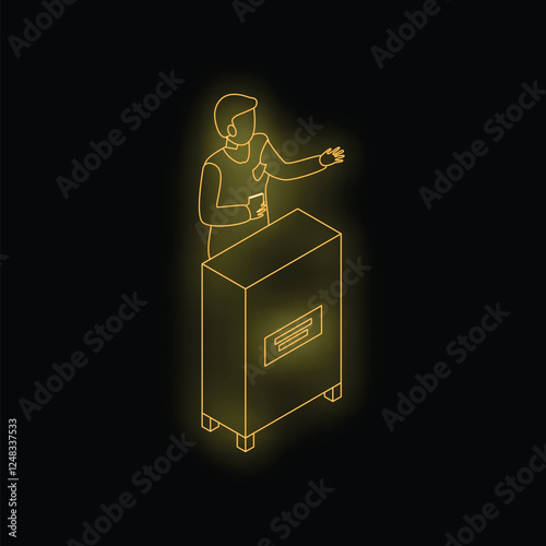 Neon isometric concept of a politician giving a speech with a ballot box behind him