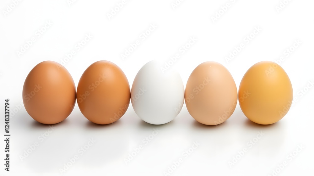 Beautifully composed image of multiple chicken eggs arranged neatly and precisely on a clean bright white background Beautifully composed image of multiple chicken eggs arranged neatly and precisely on a clean bright white background
