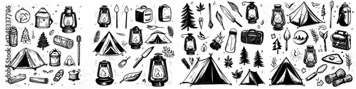 Illustrations of camping gear and outdoor adventure equipment set against a natural background