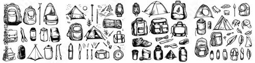 Collection of camping gear and accessories for outdoor adventures displayed in a flat lay arrangement