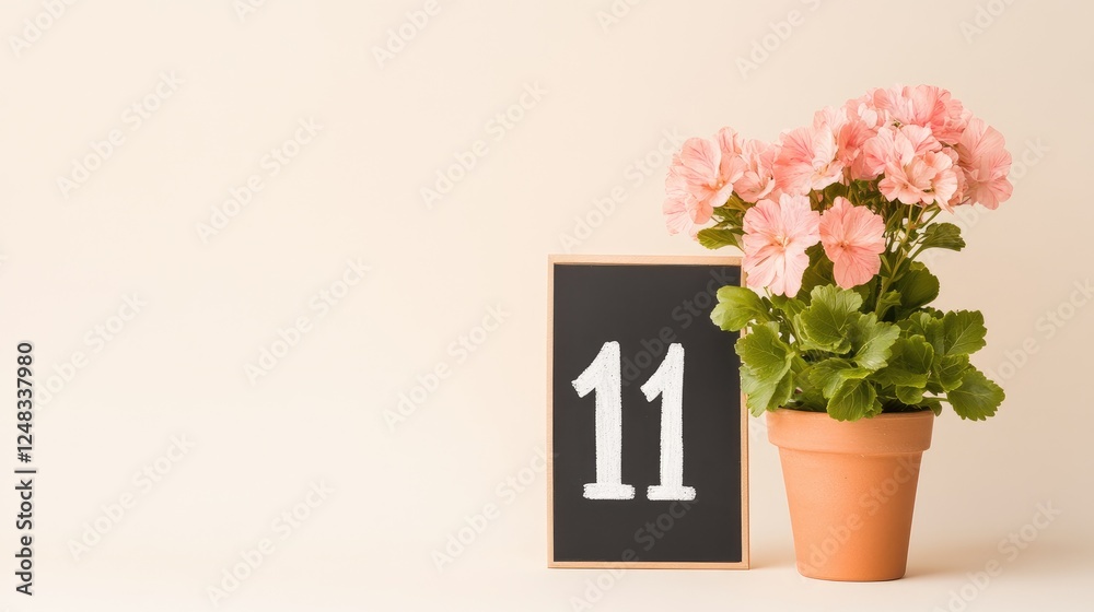 Fototapeta premium A charming indoor scene featuring a potted pink flower plant beside a chalkboard displaying the number 11