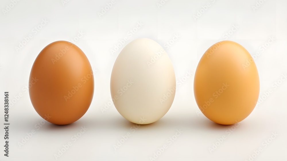 A minimalist and clean still life image featuring three different types of eggs chicken quail and ostrich placed side by side on a smooth white surface for comparative purposes A minimalist and clean still life image featuring three different types of eggs chicken quail and ostrich placed side by side on a smooth white surface for comparative purposes