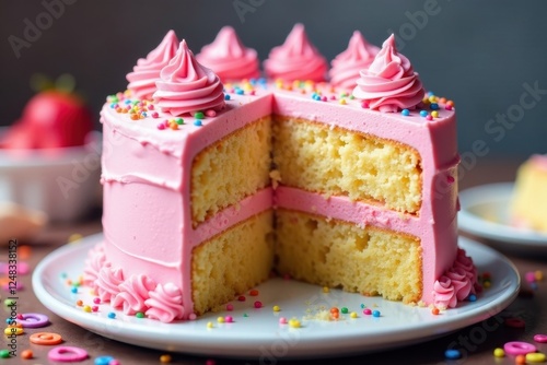 Vibrant layered cake, pink frosting, rainbow sprinkles, single slice removed , colorful, delicious, dessert