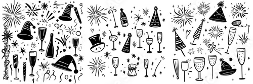 Colorful celebration decorations for New Year's Eve party with fireworks, hats, and festive drinks