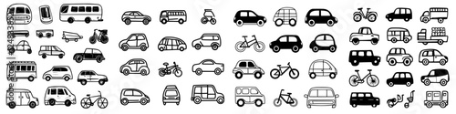 Various types of vehicles illustrated in a black and white design, showcasing diverse transportation options in a creative format