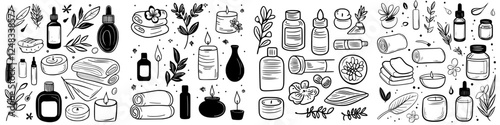 Assortment of essential oils, candles, and herbal products displayed on a white background in a natural setting