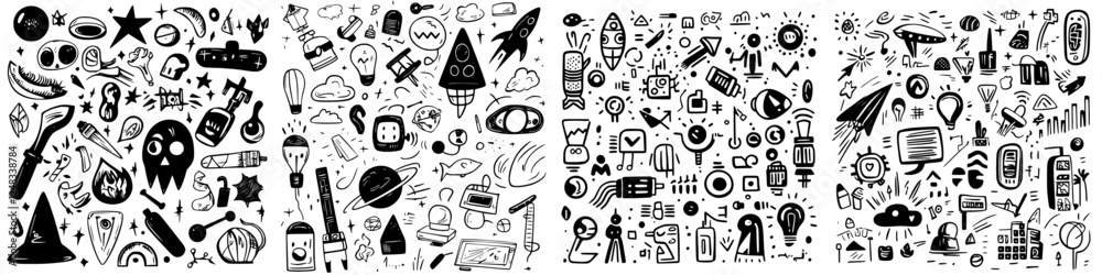 Obraz premium Creative black and white doodles featuring various shapes, symbols, and characters displayed in a playful arrangement