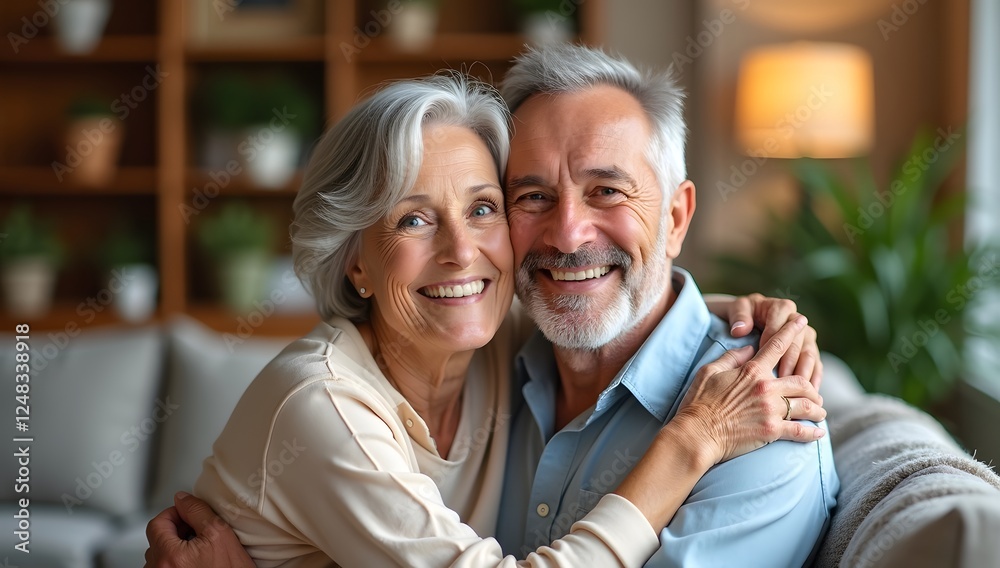 Obraz premium Smiling senior couple together at home showing love and care in their retirement years