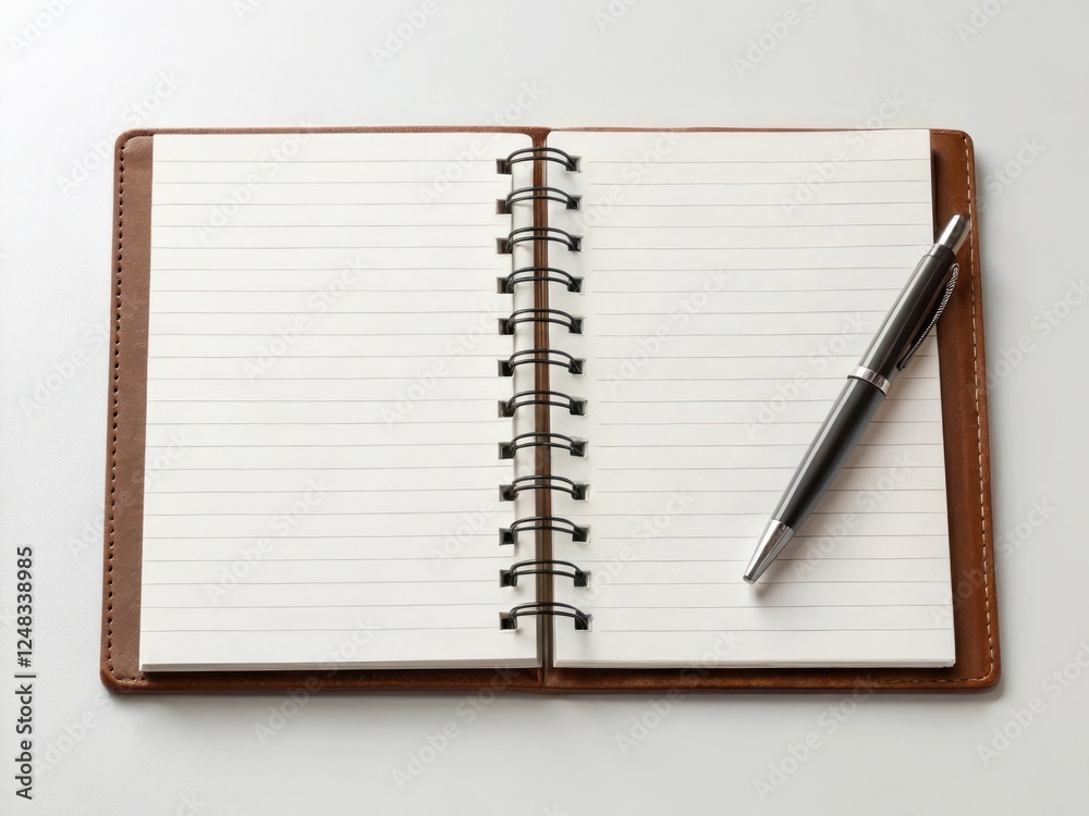Open notebook with lined pages and a pen on a white surface Open notebook with lined pages and a pen on a white surface