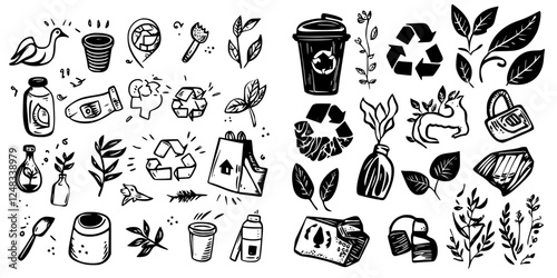 Collection of hand-drawn illustrations showcasing eco-friendly concepts and sustainable practices for environmental awareness