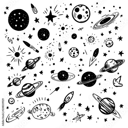 Space-themed illustration featuring various celestial bodies, rockets, and stars in a whimsical style
