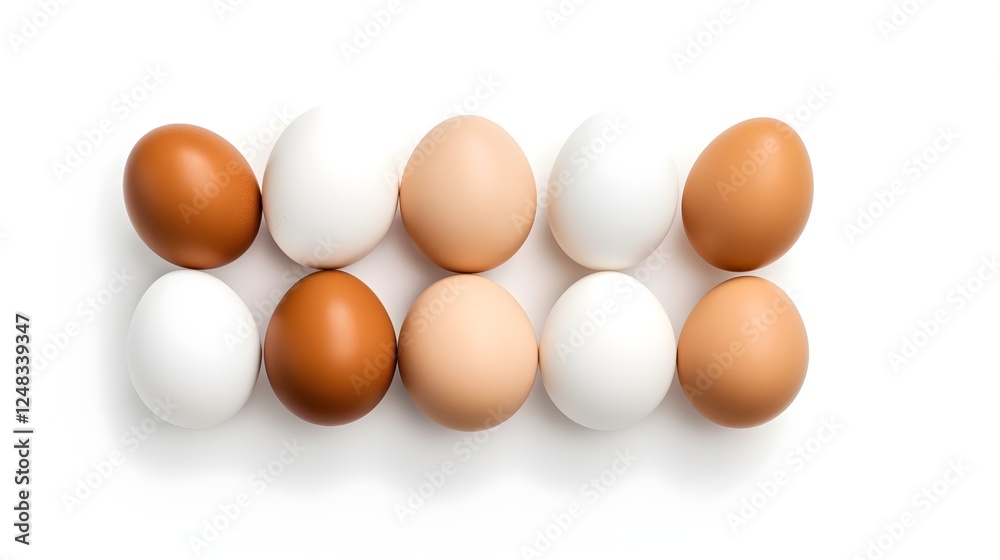 Alternating pattern of brown and white eggs neatly arranged in a carton on a smooth clean white background This minimalist overhead shot showcases the simple natural beauty of fresh organic eggs Alternating pattern of brown and white eggs neatly arranged in a carton on a smooth clean white background This minimalist overhead shot showcases the simple natural beauty of fresh organic eggs