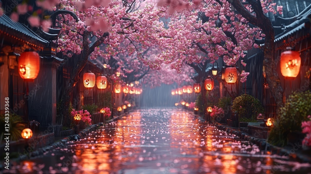 Obraz premium Tranquil Japanese Street Framed by Dripping Cherry Blossoms and Glowing Lanterns