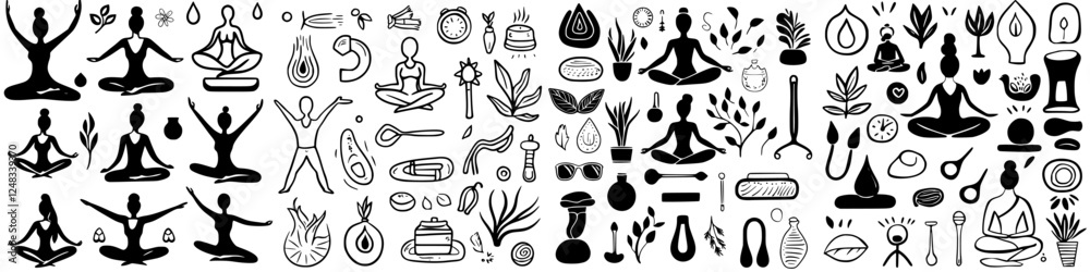 Meditation symbols and wellness icons illustrating mindfulness and relaxation practices in various forms Meditation symbols and wellness icons illustrating mindfulness and relaxation practices in various forms
